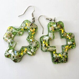 Sparkly Green Earrings Geometric Shape Earrings or Cross Shape Earrings